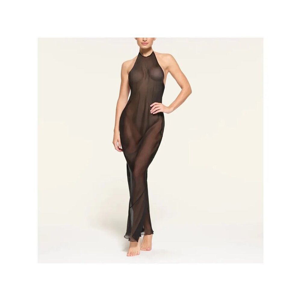 SKIMS Black Sheer Halter Maxi Dress